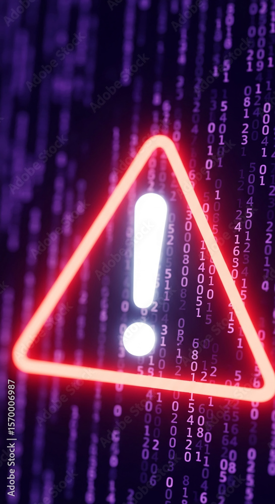Poster Bright red triangular warning sign with a white exclamation mark, set against a purple background of binary code, symbolizing a digital alert or system error