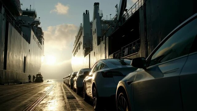 Late afternoon light casts long shadows as a convoy of electric vehicles drives onto the RORO vessel their bodies gleaming in the soft glow with crew members using handheld devices
