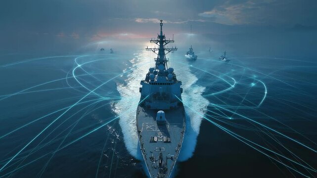 A visual representation of a ships navigation system overlay illustrating the integration of multiple communication paths including satellite radio and cellular links ensuring constant