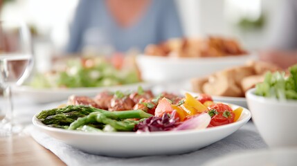 Plate of food with a salad and vegetables on it