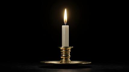 Candlelight flame burning bright in dark background, wax candle and holder
