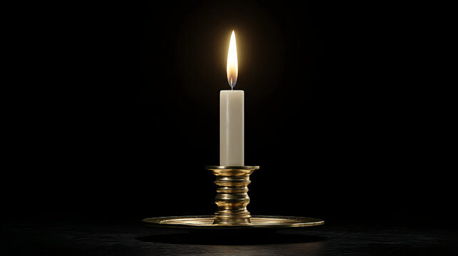 Candlelight flame burning bright in dark background, wax candle and holder