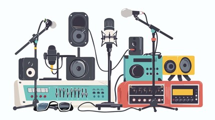 Vibrant illustration of music studio equipment, microphones and speakers in a colorful and creative arrangement.