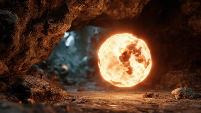 Glowing sun sphere emerging from rocky cave environment  
