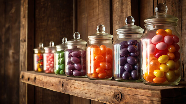 Sweet red, green, and yellow jelly beans fill a glass jar, an isolated object like a preserved fruit or vegetable container