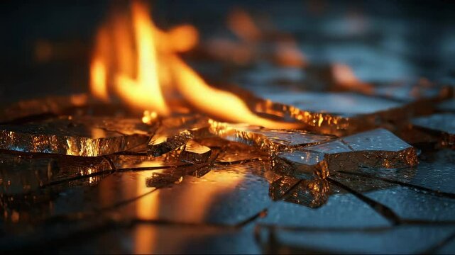 Burning shards of glass on dark reflective surface  