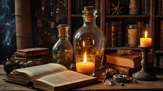 Still life with an old wine bottle and glass on a table by a flickering candle flame