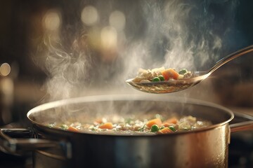 Delicious steaming vegetable soup being served from a pot in a cozy kitchen