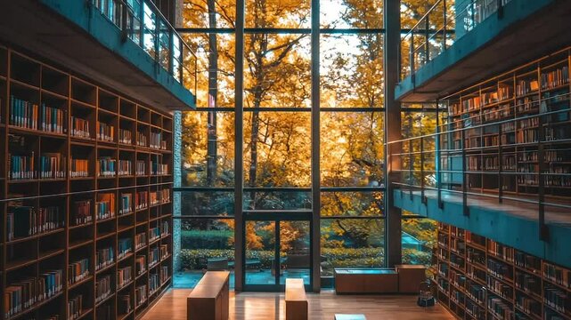 Sunlit library with large windows showcasing autumn trees and extensive bookshelves