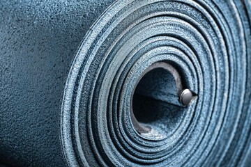 Yoga mat rolled up, displaying texture and color with a close-up view in a serene exercise space