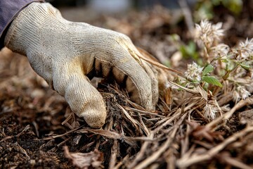 Gardener tending to plants in a garden during early springtime