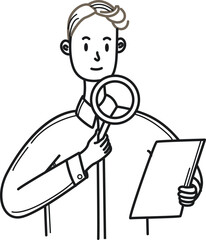 PrintMinimal Vector Illustration of Businessman Analyzing Data with Magnifying Glass and Clipboard for Corporate or Analytics Concepts

