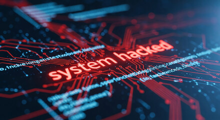 Close-up of circuit board with glowing red "System Hacked" text, illustrating cyber security breach concept, ideal for tech or security-related content