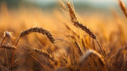 The Wheat Stalks Glowing in Golden Sunset Over Fields of Grain