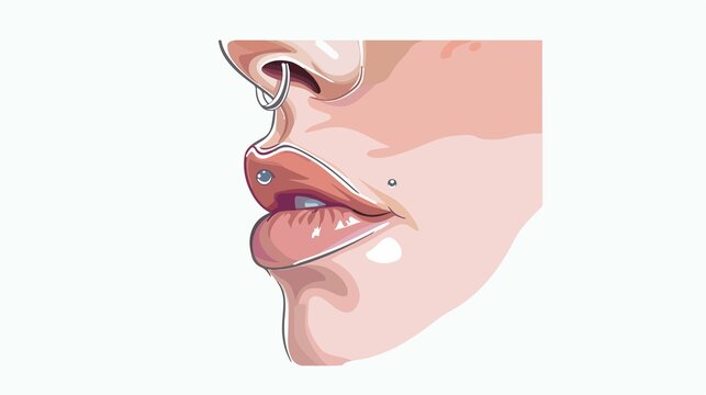 Artistic close up reveals beautiful woman's profile featuring nose ring and lip piercing against a stark white backdrop.