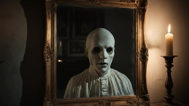 Unsettling Reflection: A Pale Figure in a Haunted Antique Mirror with Candles