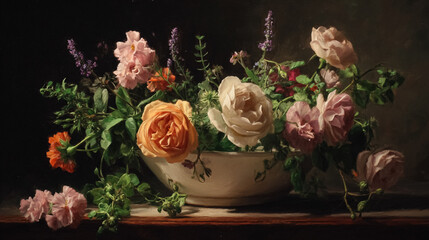 Elegant English garden bouquets in vintage vases, adorned with peonies, tulips and roses and other flowers, displayed in manor garden with dappled light and timeless floral grace
