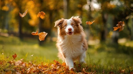 The spirited dog happily running through colorful autumn leaves in a sunny park.