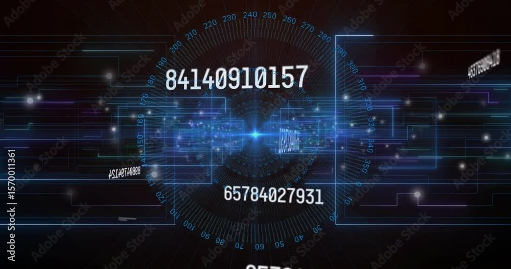 Fototapete Dial rotating triggers grid pulsing and number strings updating continuously to visualize data flow