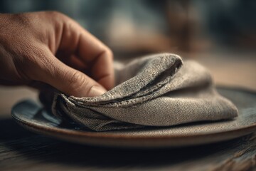 Person carefully folding a linen napkin on a rustic wooden table during a casual dining setting