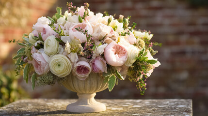 Elegant English garden bouquets in vintage vases, adorned with peonies, tulips and roses and other flowers, displayed in manor garden with dappled light and timeless floral grace