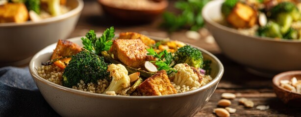The nutritious quinoa salad with roasted vegetables and tofu on a rustic table.