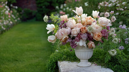 Elegant English garden bouquets in vintage vases, adorned with peonies, tulips and roses and other flowers, displayed in manor garden with dappled light and timeless floral grace