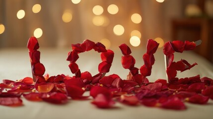 The beautiful arrangement of rose petals spelling 'LOVE' for a romantic setting.