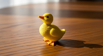 Cute yellow rubber duck toy on wood surface adorable small duckling bath toy collectible duck decor