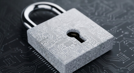 White padlock with circuit board pattern, resting on dark circuit board background, symbolizes digital security, data protection, and online safety