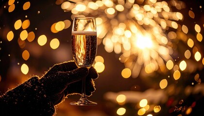 Someone holding a glass of champagne in front of a firework