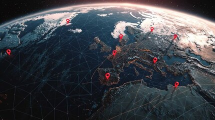 Earth globe view from space with red location pins over europe asia and africa continents map network - Powered by Adobe