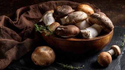 The bowl of assorted mushrooms with fresh thyme on a rustic table.
