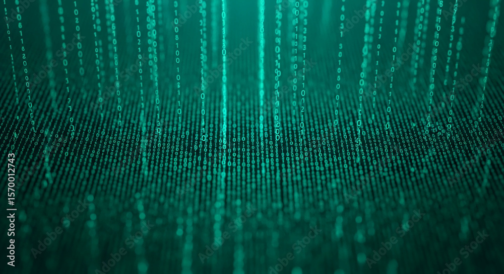 Poster Abstract image of teal binary code cascading downwards, creating a digital rain effect, symbolizing data flow and technological advancement
