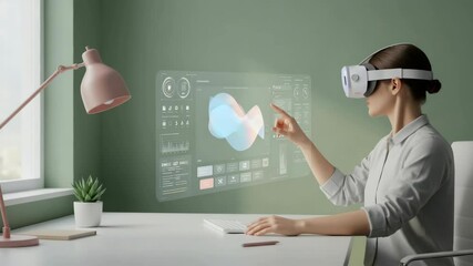 Person interacting with virtual reality interface in modern workspace - Powered by Adobe