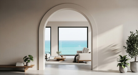 Modern coastal living room interior design with archway and ocean view home decor inspiration