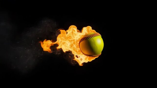 Fiery Softball in Motion - A yellow softball is shown ablaze, streaking across a black background. The flames trail behind the ball, creating a dynamic and powerful video.