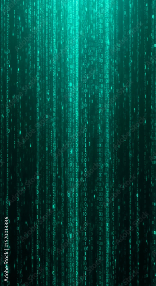 Poster abstract teal digital rain background with binary code cascading down, symbolizing data flow, techno