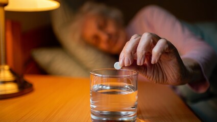 Elderly woman takes medication before bedtime for nighttime health routine
