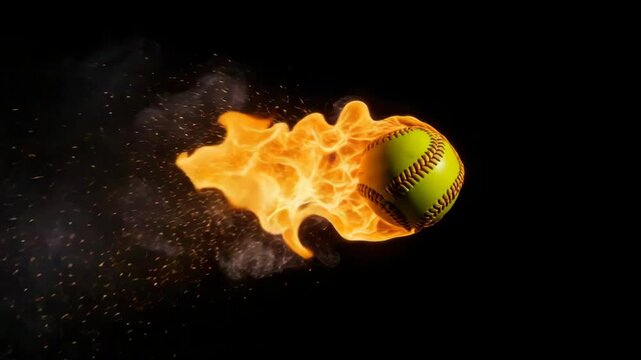 Fiery Softball Blast - A yellow softball engulfed in flames streaks across a black background, leaving a trail of sparks and smoke. The video is dynamic and suggests intense speed and power.