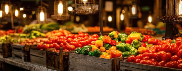 The vibrant display of fresh peppers in a bustling market scene.