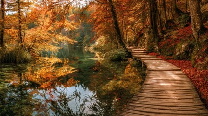 The winding path through vibrant autumn foliage by the tranquil lake.