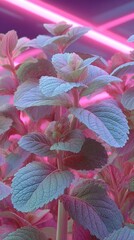 Soft leaves and stems of plants with pink neon lights in the background