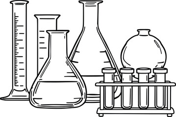 Black-and-White Vector Illustration of Laboratory Glassware – 6-Item Science Equipment Grid