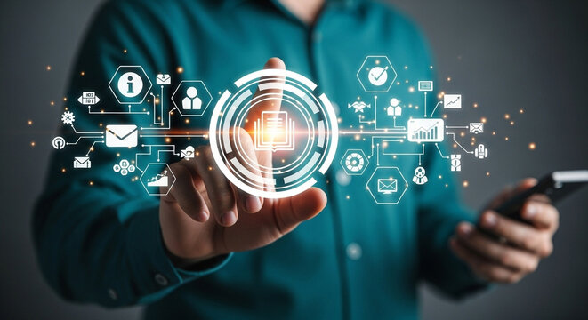 Person interacting with digital interface displaying data analytics and communication icons around - Powered by Adobe