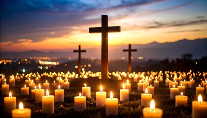 Candles and crosses at sunset