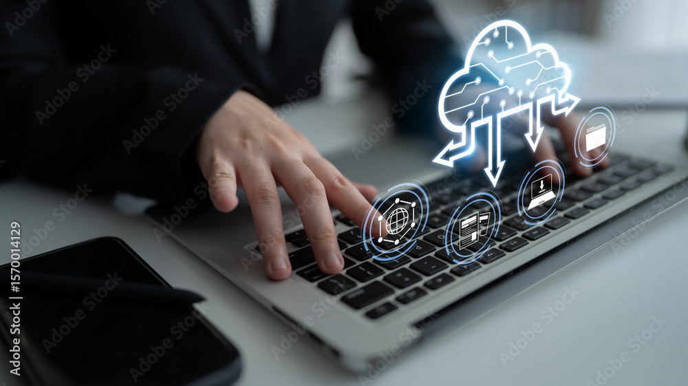 Poster cloud computing enables digital growth with secure data storage, scalable infrastructure, and strate