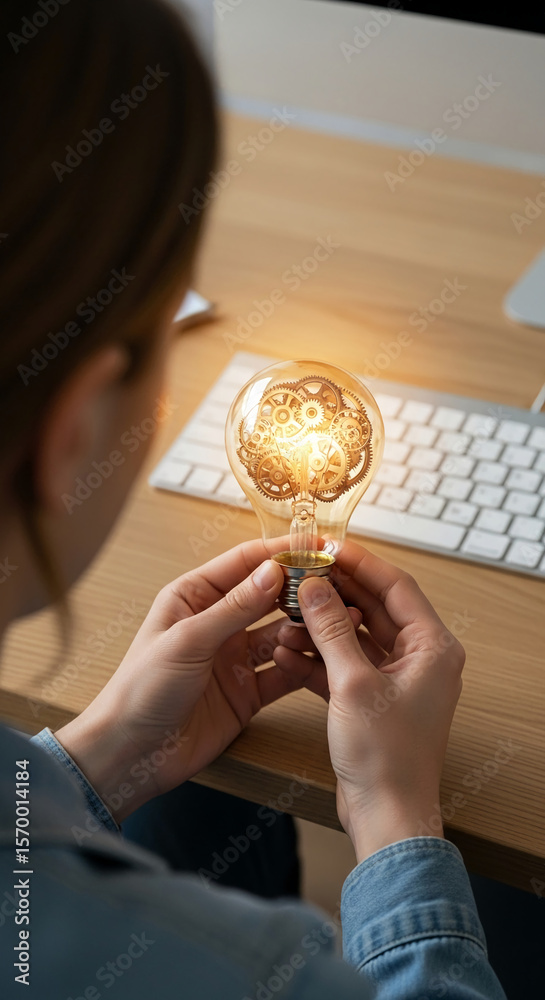 Poster hands hold illuminated lightbulb with visible gears inside, symbolizing innovation, ideas, and probl