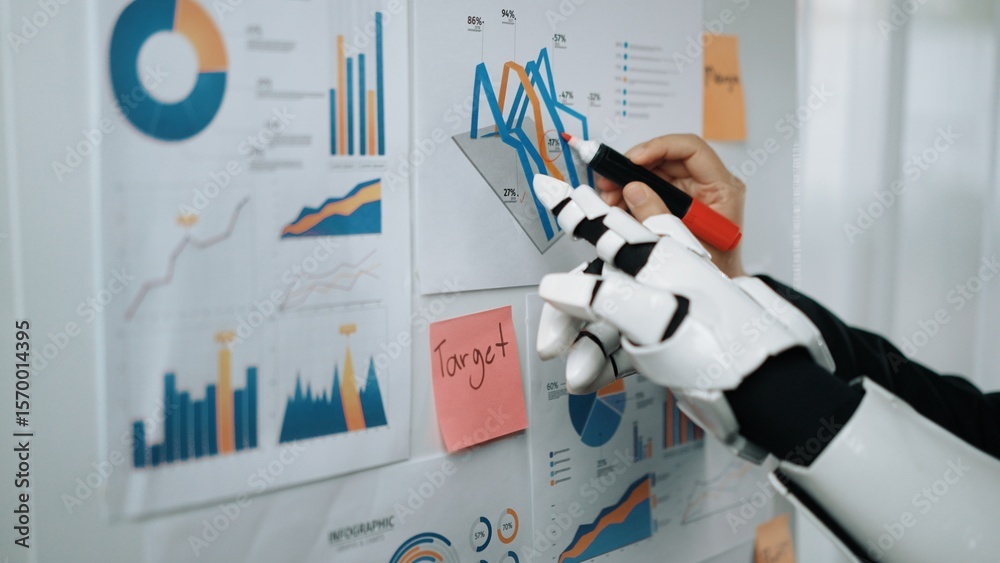 Poster a robotic hand interacts with colorful charts and graphs in an office, symbolizing the integration o