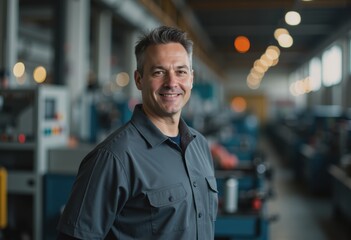 Fototapeta premium Rotary molding operator smiling in a plastics manufacturing facility